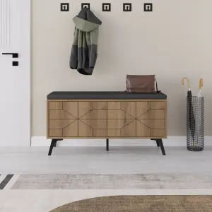 Decortie Modern Dune Shoe Storage Bench Dark Oak Effect with Fabric Seat 4 Doors Cabinet 107(W)cm Metal Legs Organizer Hallway