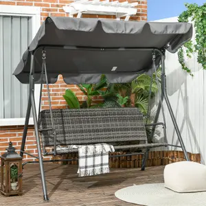 Outsunny 3-Seater Rattan Swing Chair, Hanging Bench w/ Stand, Adjustable Canopy