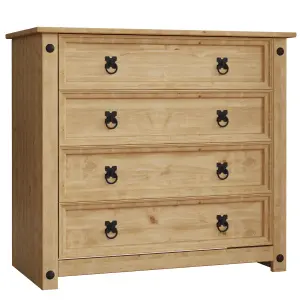 Vida Designs Corona Rustic 4 Drawer Chest Mexican Solid Waxed Pine (H)730mm (W)800mm (D)410mm