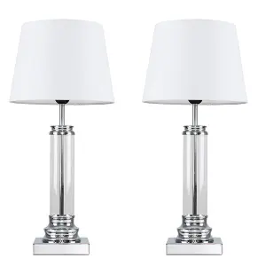 ValueLights Knowles Pair of Modern Clear Glass Column Design Touch Table Lamps with White Shades