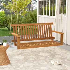 Costway Acacia Wood Porch Swing 2-Person Outdoor Patio Hanging Chair w/ Backrest