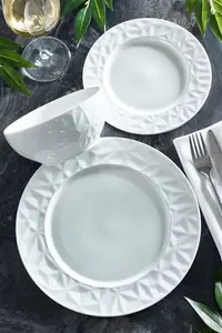 Next White Mode Embossed 12 Piece Dinner Set - White