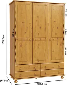 Pine 3 Door Triple Wardrobe With Drawers - Hamilton