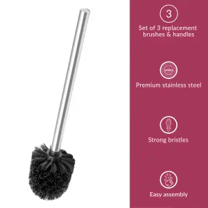 Innoteck Essentials Pack of 3 Toilet Brush Head with Stainless Steel Handle- Black