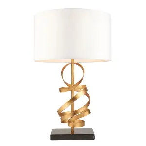 Hammered Gold Leaf Ribbon Table Lamp Light & Ivory Shade - Black Marble Base