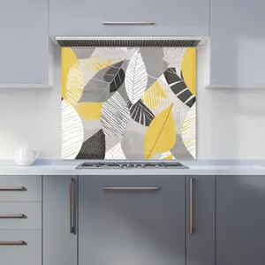 Grey Yellow Autumn Leaves Premium Glass Kitchen Splashback W600mm x H650mm