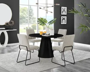 Furniturebox UK Palma Black Semi-Gloss Round Pedestal Dining Table & 4 Taupe Fabric Halley Black Leg Chairs