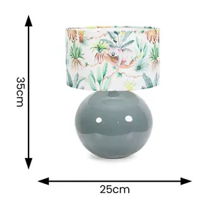 ValueLights Bosco Eucalyptus Ceramic Table Lamp with Tropical Print Drum Shade - LED Bulb Included