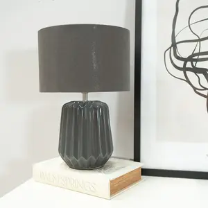 ValueLights Zak Pair of - Charcoal Grey Textured Ceramic Bedside Table Lamp with Drum Shade