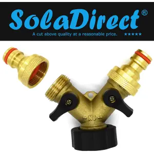 2 Way Garden Tap Connector, Brass Garden Hose Tap Y Splitter Connector with Individual On/Off Valves and 2 Quick Hose Connectors