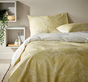 Vantona - Linear Leaves Yellow Floral Bedding Set - Super King Duvet Cover