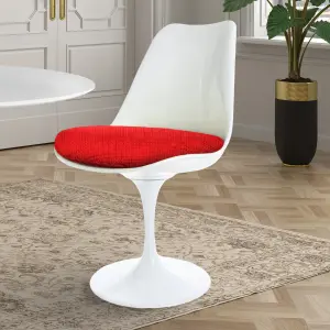 White Tulip Dining Chair with Red Textured Cushion