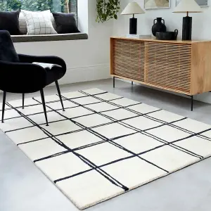 Monochrome Chequered Wool Modern Shaggy Handmade Rug For Living Room Bedroom & Dining Room-160cm X 230cm