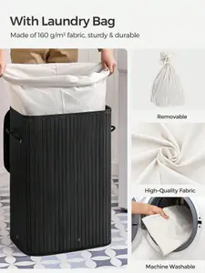 SONGMICS Bamboo Laundry Basket, 72L Foldable Laundry Hamper, Rectangular Storage Hamper With 3 Handles, 40 X 30 X 60 Cm, Black