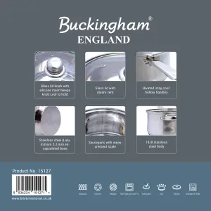 Buckingham Premium Induction Stainless Steel Saucepan Set , Cooking Pot Set with Glass Lids , 3 Piece