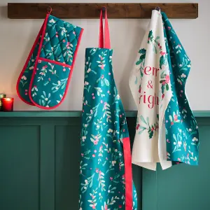 Catherine Lansfield Christmas Holly and Mistletoe Cotton Kitchen Double Oven Glove Green