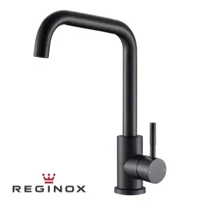 Reginox Matt Black Stainless Steel Kitchen Sink Tap NERA MB Square Neck Deck Mounted