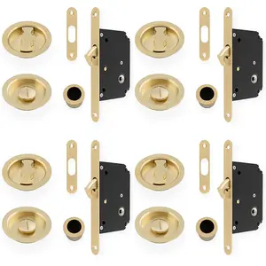 4 PACK - Sliding Pocket Door Lock & Latch Set - Satin Brass Rounded Forend Finger Pull