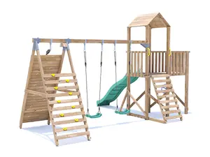 Dunster House Wooden Climbing Frame with Two Swings, Tall Climbing Wall & Slide BalconyFort High Platform