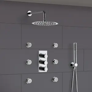 Flora Round Concealed Thermostatic Shower Valve With Shower Head Body Jets And Slim Pencil Handset Kit