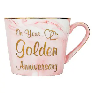 Beautiful 50th Anniversary Grey and Pink Marble Ceramic Mugs with Golden Trim