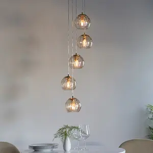 Luminosa Dimple Modern Cluster 5 Light Pendant Brushed Brass, Champagne Glass Shade