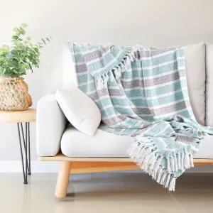 EHC Herringbone Stripe Cotton Throw for Double bed Sofa Couch,150 x 200 cm, Teal