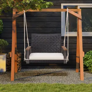 Costway Rattan Porch Swing Chair Patio Wicker Single Hanging Seat w/ Ropes