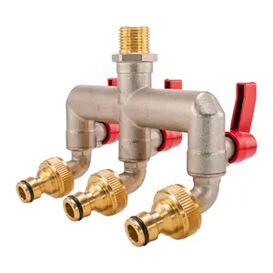 triple outlet garden tap splitter/manifold in nickel plated brass,universal hose connection,1/2" bsp inlet thread