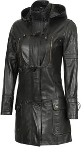 Womens Leather Coat With Hood | Black 3 4 Length Leather Jacket