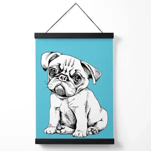 Sketch Pug Dog on Bright Blue Medium Poster with Black Hanger