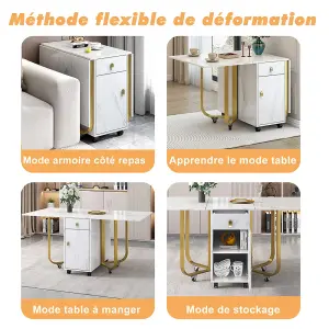 Folding Dining Table with Cupboard and 2 Drawers,  Space-saving Dining Table with 4 Supporting Legs on Gliders, White/Gold