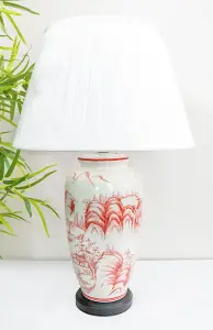 Red Oriental Ceramic Table Lamp with Pleated Shade