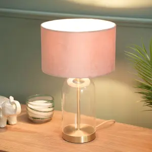 ValueLights Jessy Glass and Gold Metal Bedside Table Lamp with a Blush Pink Velvet Lampshade