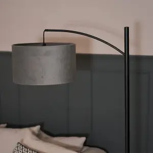 ValueLights Preto Black Metal Curve Stem Living Room Floor Lamp with a Grey Velvet Shade