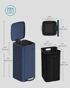 SONGMICS Kitchen Waste Bin, Steel Pedal Trash Can with an Inner Bucket, Soft-Close, Stay Open Function, Midnight Blue