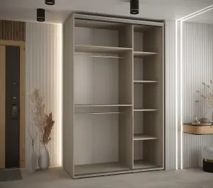 Elegant Cashmere & Black Sliding Door Wardrobe H2350mm W1500mm D600mm - Spacious Design with Mirrored Panel