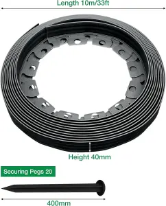 Flexible Black  Garden Edging Border 10m Complete with 20 Securing Pegs Perfect Flower Beds Lawns and Pavement Design 40mm High