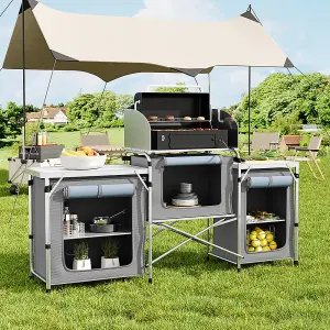 Grey Folding Portable Outdoor Camping Kitchen Stand Unit Storage BBQ Cook Station W 175cm