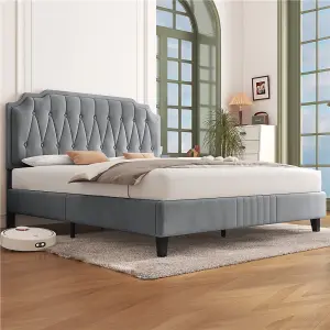 Yaheetech Light Grey 5ft King Upholstered Bed Frame with Button-Tufted Adjustable Headboard and Wooden Slat Support