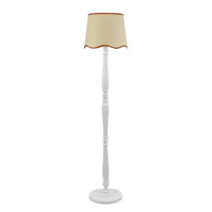 ValueLights Victoria White Wood Floor Lamp with Linen Scallop Rust Trim Tapered Shade & Bulb