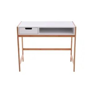 Interiors by Premier White 1 Drawer Desk, Durable Computer Desk with Natural Wood Legs, Study Table Bedside Desk for Home