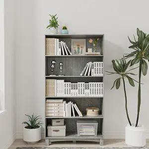 URBNLIVING 150cm Height Ash Grey 5 Tier Wide Wooden Bookcase Shelf Storage Display Shelving Unit