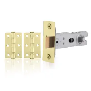 XFORT Polished Brass Tubular Latch Door Accessory Pack, Complate with 65mm Tubular Latch and 75mm Ball Bearing Hinges