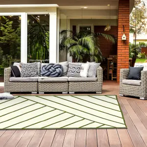 Large Garden Outdoor Rug For Patio, Olive Green & Cream Geo-Lines  Waterproof Garden Rug 160 x 230cm