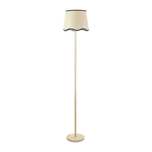 ValueLights Heather Light Wood Stem Floor Lamp with Scallop Black Trim Tapered Shade and LED Bulb