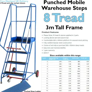 8 Tread Mobile Warehouse Stairs Punched Steps 3m EN131 7 BLUE Safety Ladder