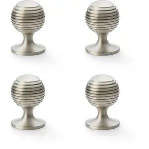 4 PACK - Reeded Ball Door Knob - 38mm Diameter Satin Nickel Lined Cupboard Pull Handle