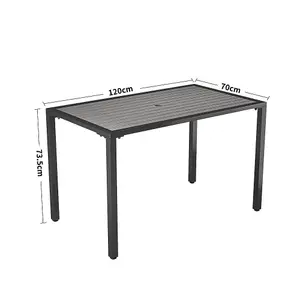 Modern Grey Rectangular Wood Effect WPC Metal Outdoor Dining Table with Umbrella Hole 120 cm