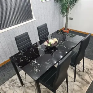 Black Marble Effect Dining Table and 4 Black PU Faux Leather Metal Chairs Dining Table Set